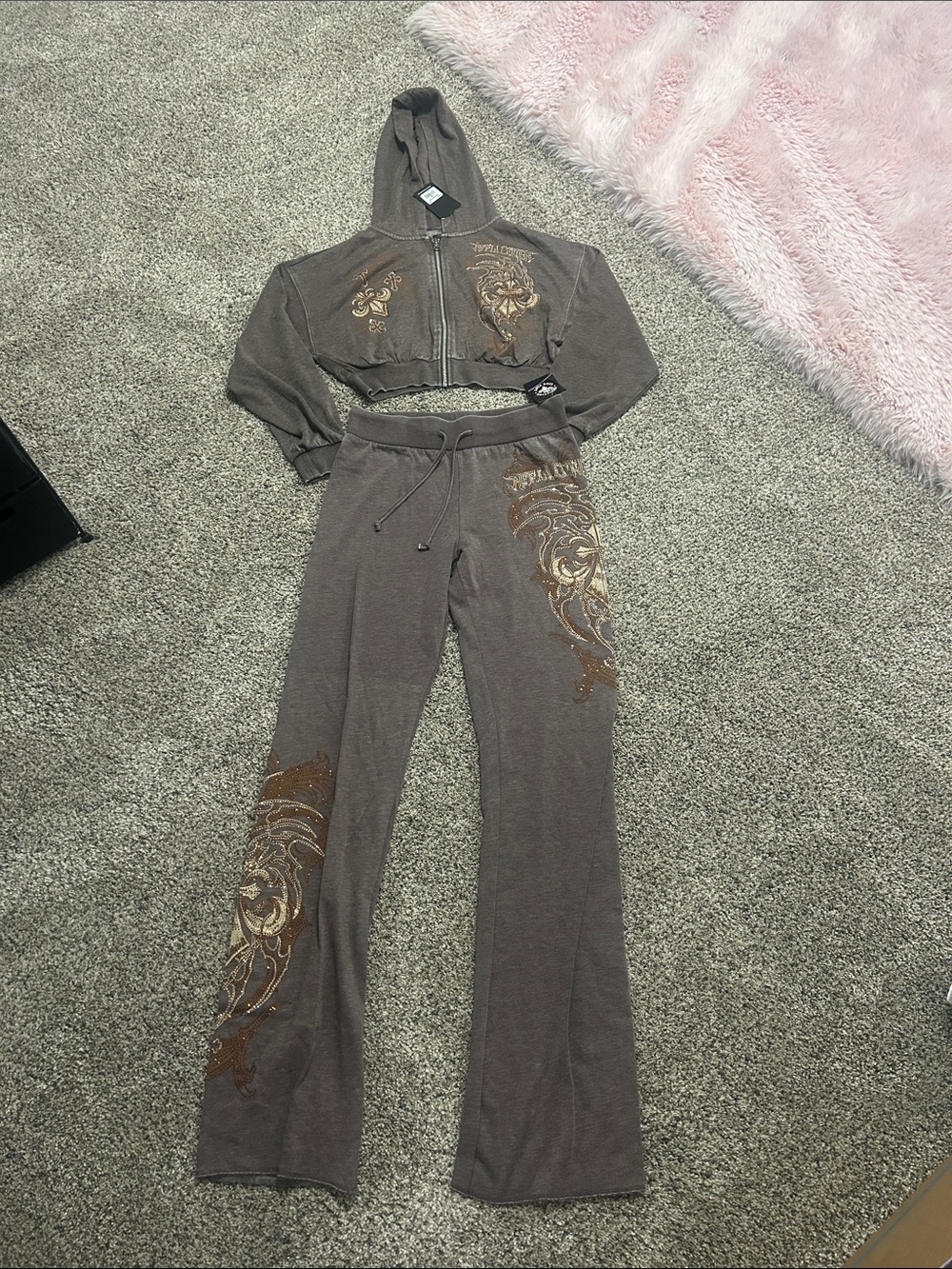 Affliction Taupe Embellished Hoodie & Flare Track Set